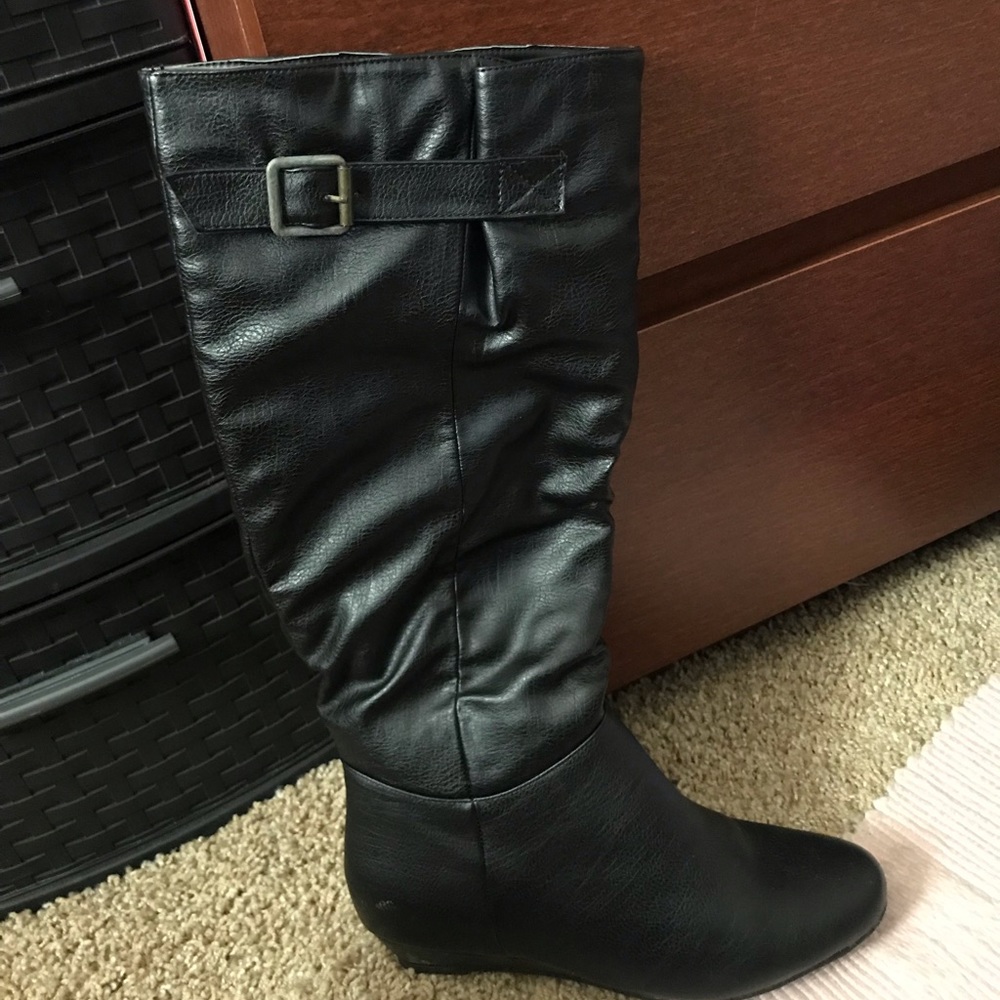Black leather mid-calf wedge boots